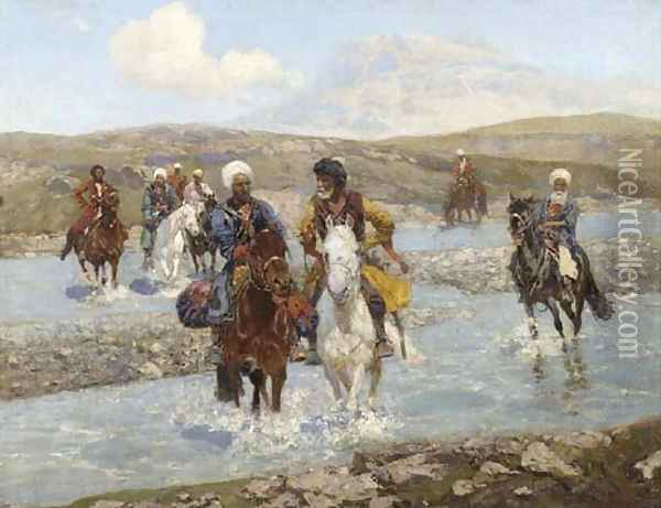 Kozaks crossing the river Oil Painting - Franz Roubaud