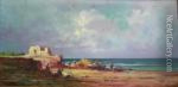 Spiaggia Con Pescatori A Bordighera Oil Painting - Cesare Gheduzzi