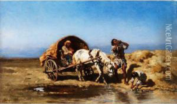 Zigeunerwagen An Der Wassertranke Oil Painting - August Xaver Karl von Pettenkofen