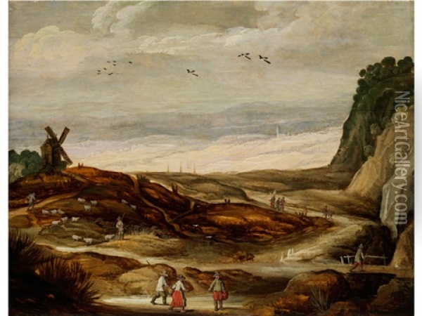 Landschaft Mit Windmuhle, Schafherde Und Figurenstaffage Oil Painting - Joos de Momper the Younger