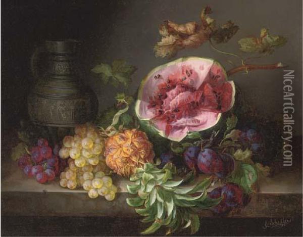 A Watermelon And Other Fruit By An Ornamental Ewer Oil Painting - Adalbert, Bela Schaffer