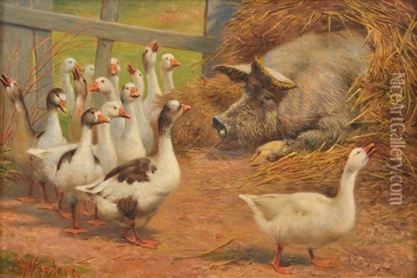 Farmyard Encounter Oil Painting - William Weekes