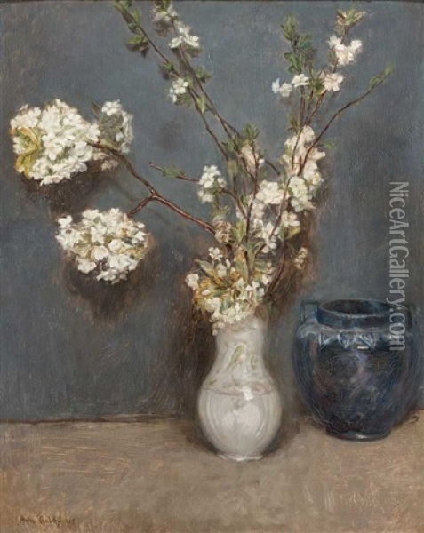 Bluhende Zweige In Einer Vase, Seitlich Jugendstilgefas Oil Painting - Anton Wrabetz