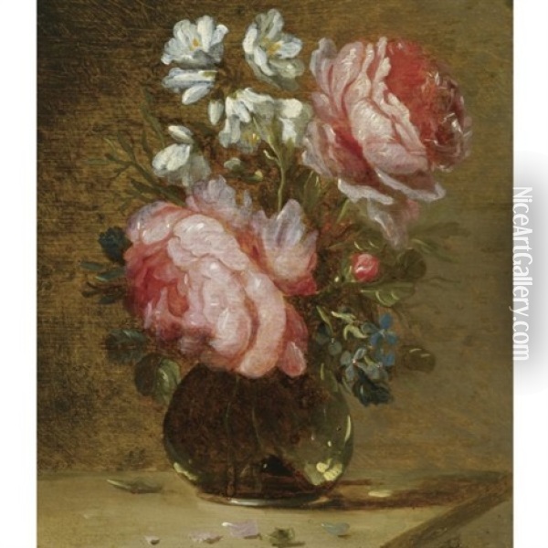 Still Life Of Roses, Forget-me-nots And Other Flowers In A Glass Vase On A Wooden Table Oil Painting - Jacques Grief De Claeuw
