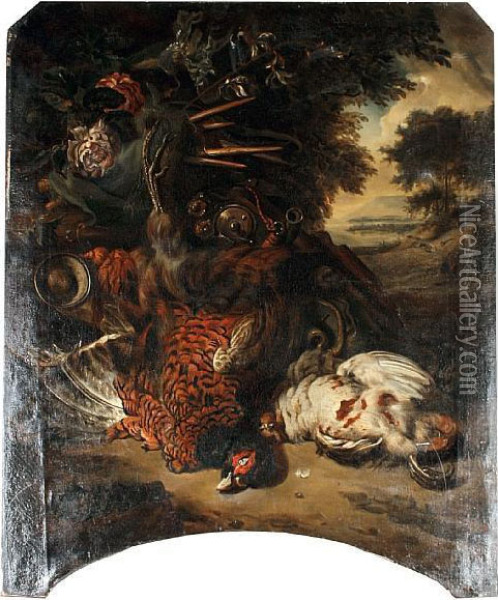 Still Life Of Game Birds With A Landscape Inthe Distance Oil Painting - Jan Weenix