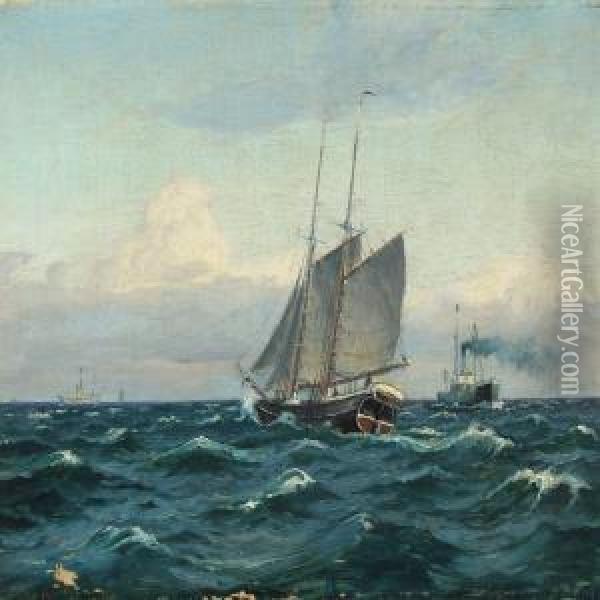 Seascape With Sailing And Motor Ships Oil Painting - Christian Benjamin Olsen