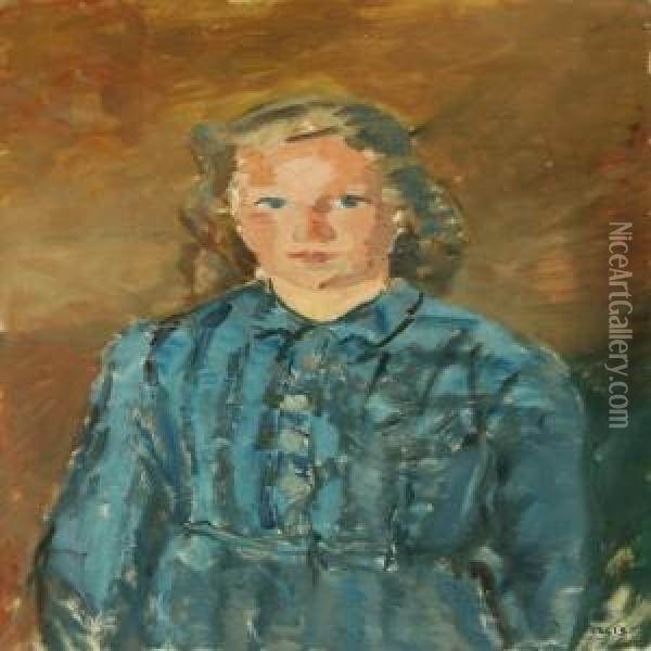 Portrait Of A Girl In Blue Dress Oil Painting - Axel Bredsdorff