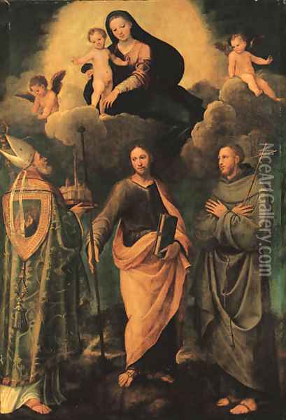 The Madonna and Child appearing to Saint Petronius of Bologna, the Apostle Saint James the Greater, and Saint Francis of Assisi Oil Painting - Biagio Pupini