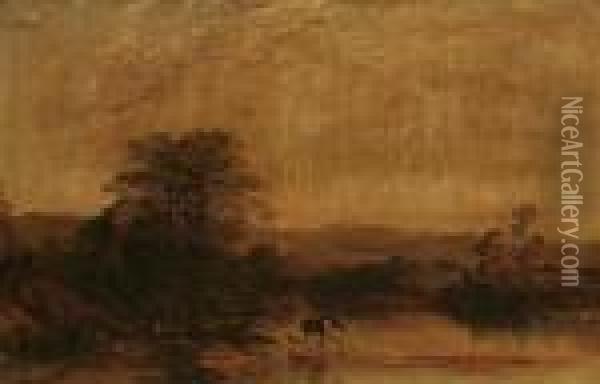 Tranquil Lake Landscape With Man Watering Horses Oil Painting - Thomas Creswick