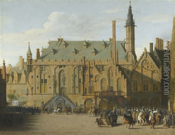 The Town Hall At Haarlem With The Entry Of Prince Maurits To Replace The Governers In 1618 Oil Painting - Pieter Janz Saenredam