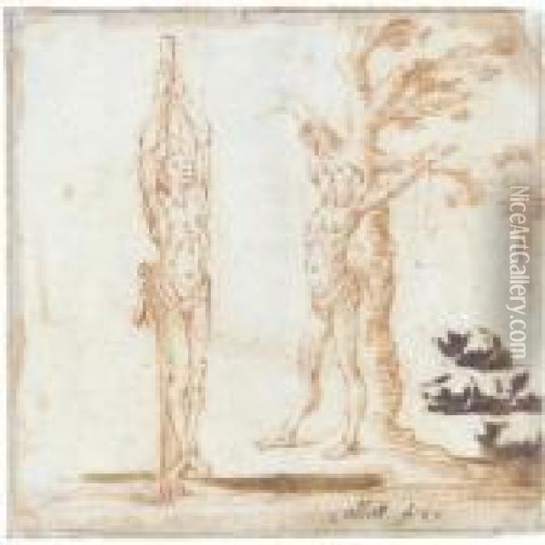Studies For Figures Of Saint Sebastian And Saint Bartholomew And Of Cats Oil Painting - Jacques Callot