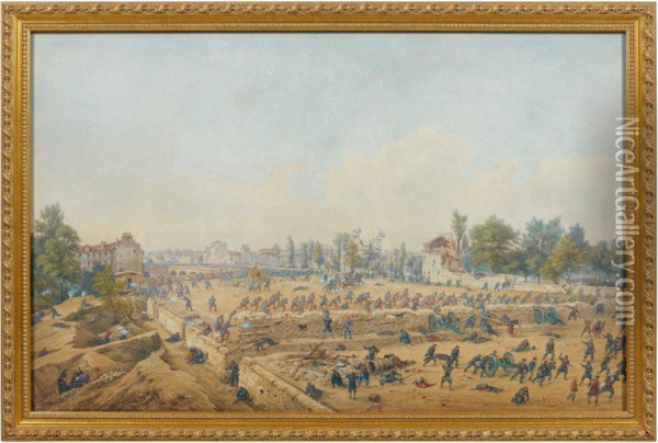 Le Combat Du Pont De Neuilly Oil Painting - Gaspard Gobaut