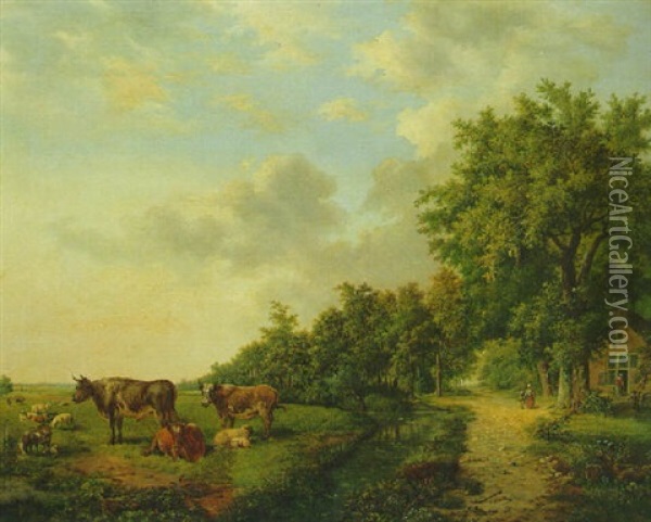A Wooded Summer Landscape With Cattle In A Meadow Along A Ditch Oil Painting - Everardus Benedictus Gregorius Pagano Mirani