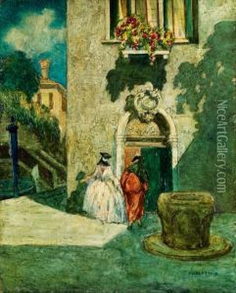 Venezianische Szenerie Mit 
Zweimaskierten Personen Neben Einem Brunnen Vor Einem Palazzo Invenedig Oil Painting - Rodolfo Paoletti