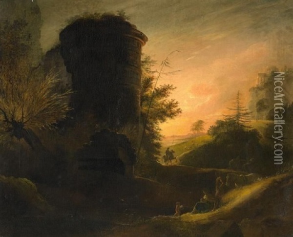 Sonnenuntergang Vor Einer Weiten Landschaft Mit Ruinen Und Figurenstaffage Oil Painting - Johann Heinrich Ramberg