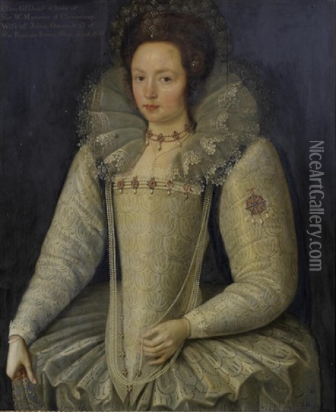 Portrait Of Ellen Maurice, Three-quarter-length, In A White Lace Ruff And White Dress Embellished With Pearls Oil Painting - Marcus Gerards the Younger