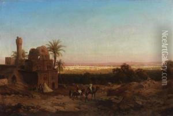 Kairo In Der Ferne Liegend, Im Vordergrund Kamelreiter Oil Painting - Max Schmidt