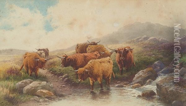 The River Ockment And Belstone Tor - With Cattle Watering Oil Painting - Thomas, Tom Rowden
