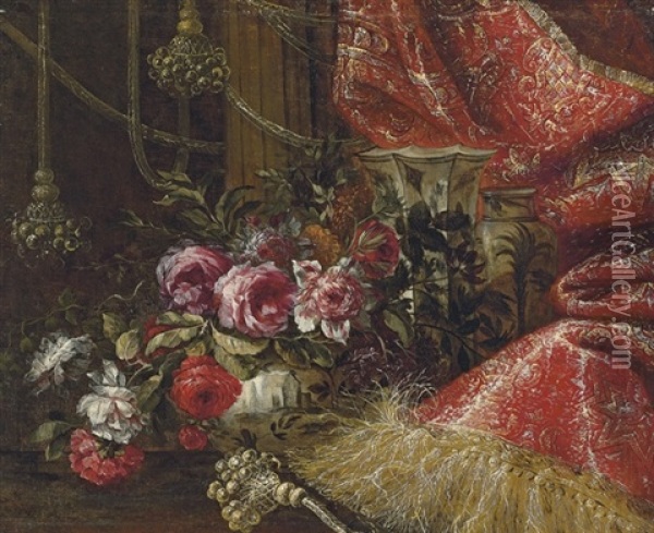 Roses In A China Bowl With Other China Vessels On A Table, Draped With A Curtain Oil Painting - Jean-Baptiste Monnoyer