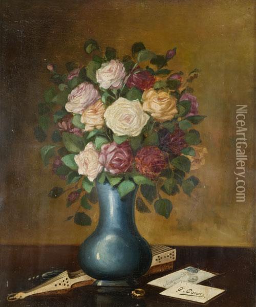 Vaso Di Rose Con Ventaglio E Biglietto Da Visita Oil Painting - Gaston Corbier