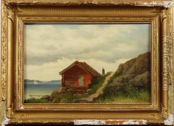 Kustbild Med Stuga Oil Painting - Lars Teodor Billing