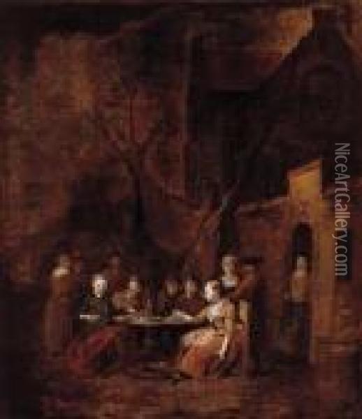 Country Folk Seated At Tables Outside Inns Oil Painting - Jan Baptist Lambrechts