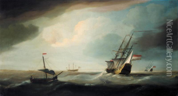 English And Dutch Men Of War In A Swell Oil Painting - Thomas Allen