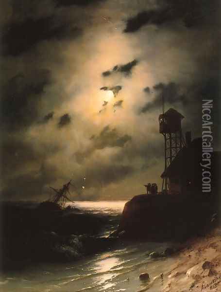 Moonlit Seascape With Shipwreck Oil Painting - Ivan Konstantinovich Aivazovsky