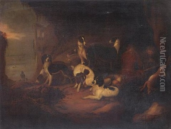 Spaniels And Lurchers With Hunstmen In A Rocky Landscape Oil Painting - Adriaen Cornelisz Beeldemaker
