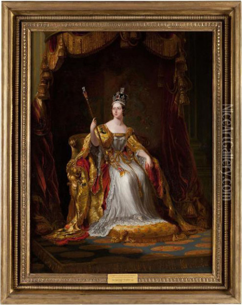 Full Length Portrait Of Queen Victoria In Coronation Robes Oil Painting - Sir George Hayter
