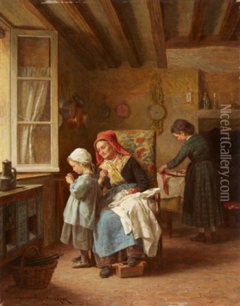 Threading The Needle Oil Painting - Theophile Emmanuel Duverger