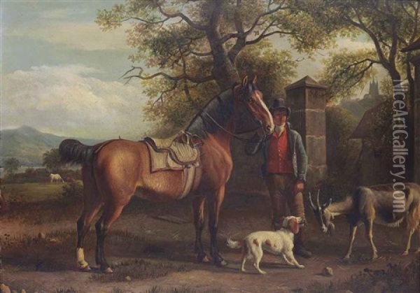 A Horseman And His Horse With A Dog And A Goat, A Pasture And Town Beyond Oil Painting - Jean Daniel Huber