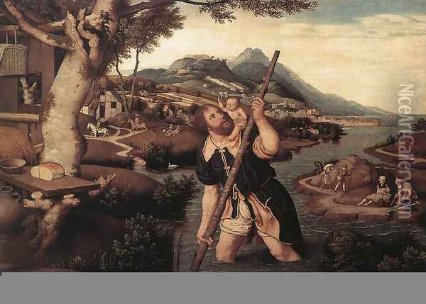 Hilly River Landscape with St Christopher Oil Painting - Jan Mostaert