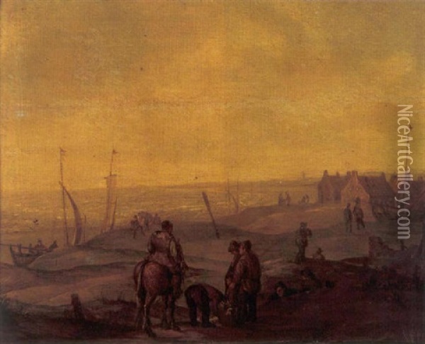 Fisherfolk In A Dune Landscape With Sailing Boats On A Beach, A Town Beyond Oil Painting - Willem Gillisz Kool