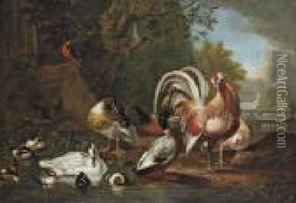 A Cockerel, A Hen, A Pheasant, 
Ducks, Ducklings And Kingfishers At The Edge Of A Pond, In A Park 
Landscape With Classical Ruins Oil Painting - Pieter III Casteels