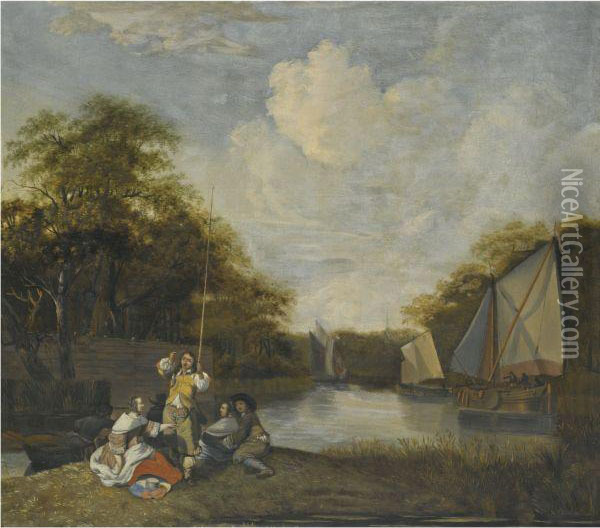 River Landscape With Party Fishing Oil Painting - Jacob Esselens