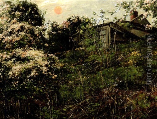 Apple Blossoms And Pink Moon Oil Painting - Childe Hassam
