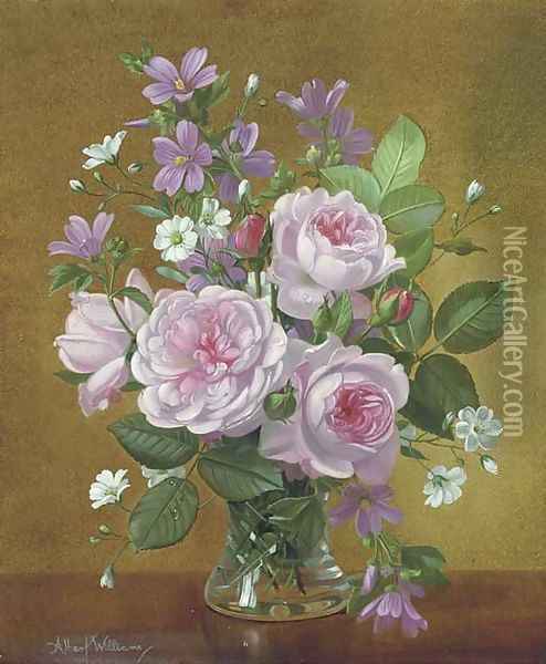 Peonies, bluebells, primroses and catkins in a glass bowl Oil Painting - Alfred Walter Williams