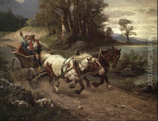 Durchgehendes Pferdefuhrwerk Oil Painting - Julius von Blaas