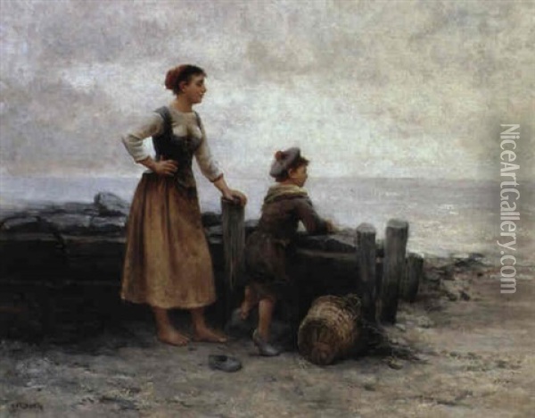 V,ntan Pa Stranden Oil Painting - August Vilhelm Nikolaus Hagborg