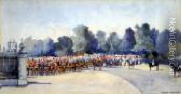 Troops At The Gates Of 
Buckingham Palace, Queen Victorias Jubilee, Signed, 7.25 X 13.75 Ins Oil Painting - Nora Davison