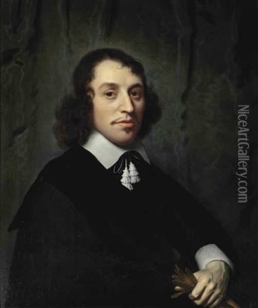 Portrait Of A Young Gentleman In A Black Costume With A White Collar And Cuffs, Holding A Glove Oil Painting - Isaac Luttichuys