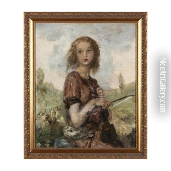 A Young Violinist Oil Painting - Aurel Naray