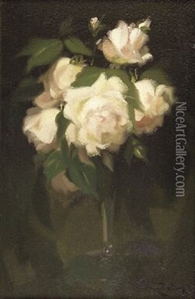 White Roses In A Fluted Vase Oil Painting - Stuart James Park