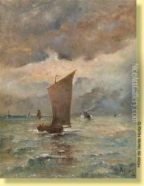 Marine Avec Bateau De Peche Et Vapeur Oil Painting - Aime Stevens
