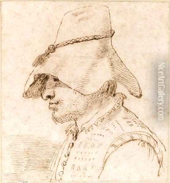 Caricature of a man in a hat in profile to the left, bust length Oil Painting - Giovanni Francesco Barbieri
