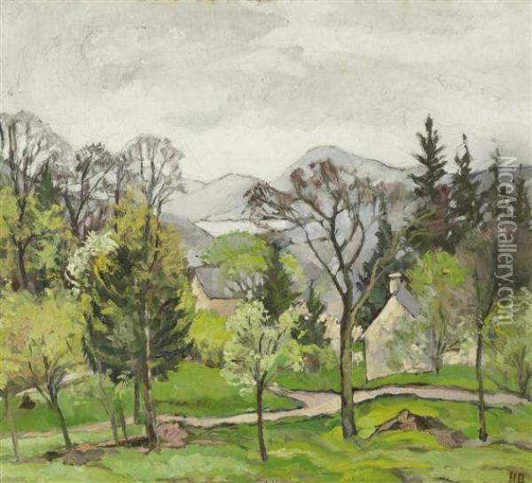 Spring Landscape With Chain Of Mountains In The Background Oil Painting - Hans Bruhlmann