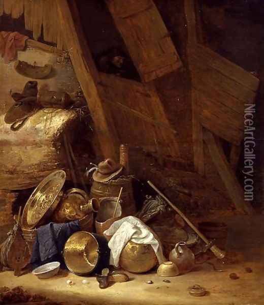 Still Life inside a Barn, 1634 Oil Painting - Herman Saftleven