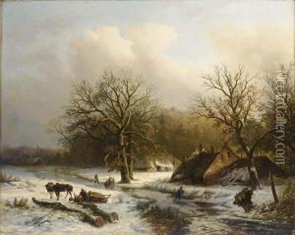 Dutch Figures In A Winter Landscape A Town In The Distance Oil Painting - Alexander Joseph Daiwaille