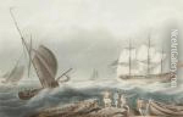 Man O War And Other Shipping In A Squally Sea Oil Painting - Nicholas Pocock